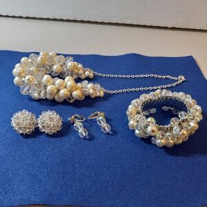Faux Pearl & Aurora Borealis Choker, Bracelet & Ear…